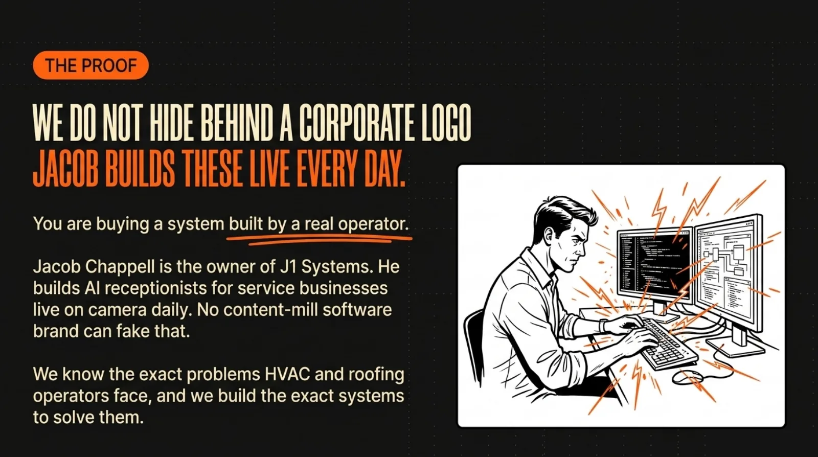 Jacob Chappell builds J1 Systems AI receptionists live on camera daily.