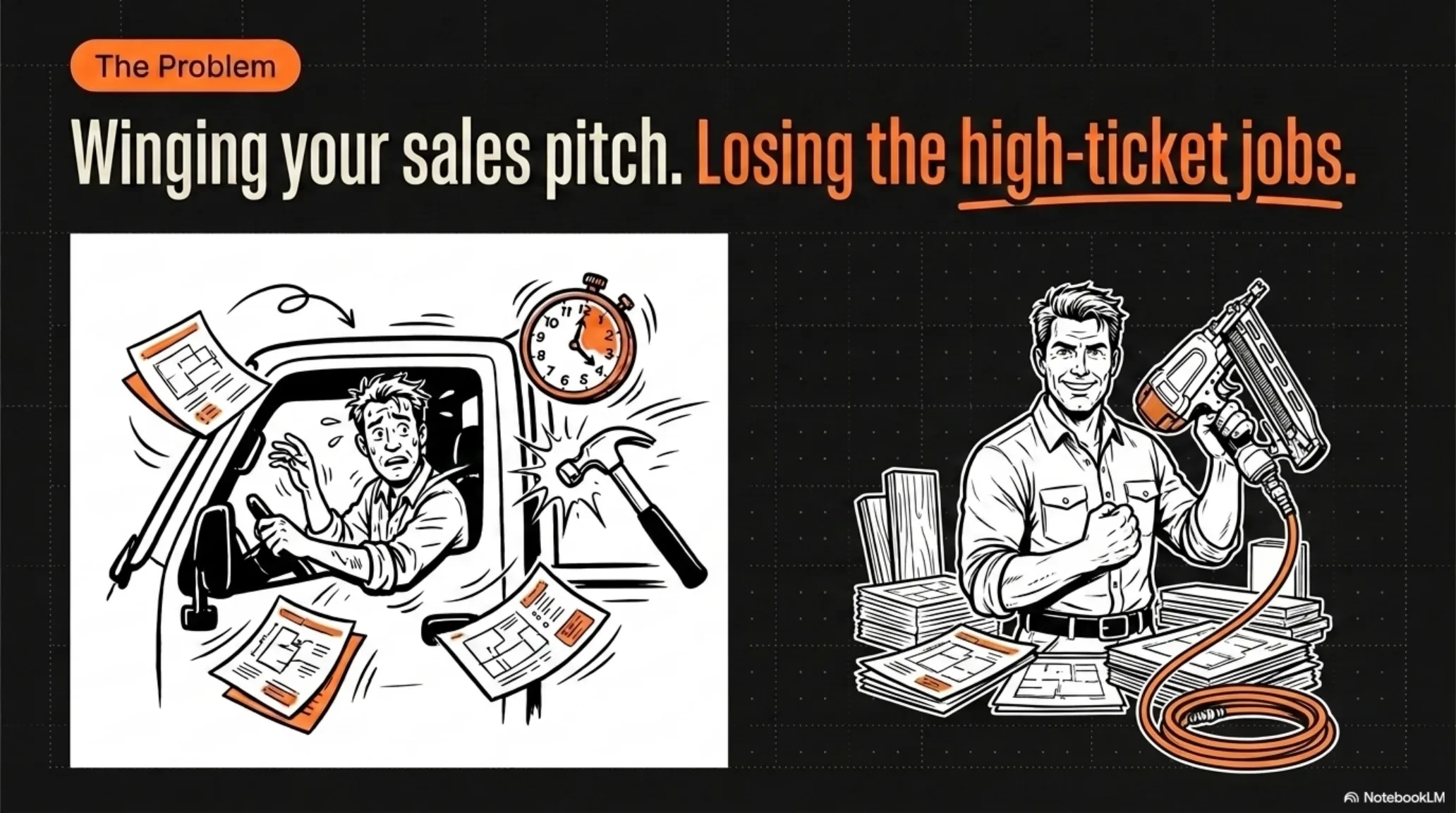 Winging your sales pitch loses the high-ticket jobs: a scrambled contractor juggling paper quotes next to an organized pro running a nail gun.
