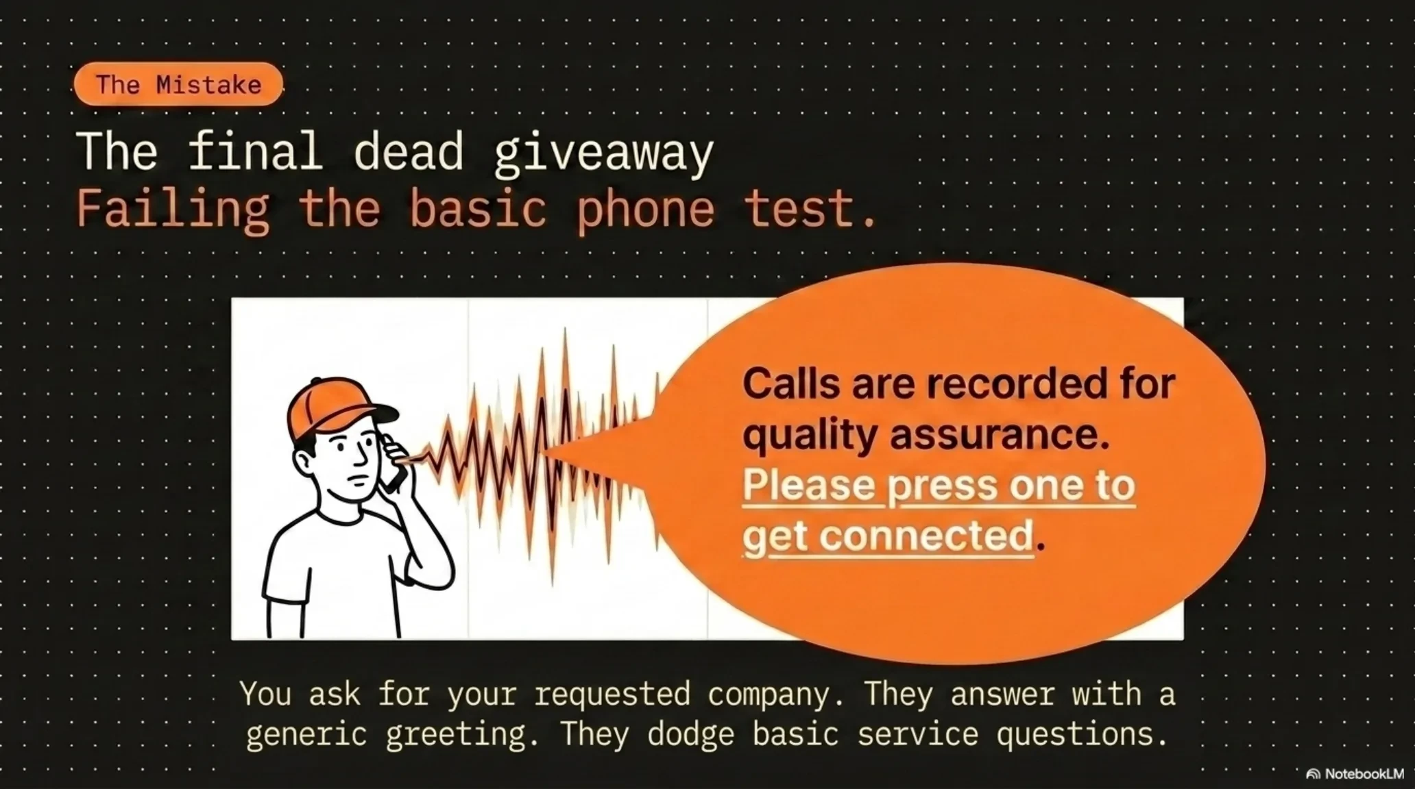 The phone test: a generic press-one menu and a recorded-call greeting instead of a local shop answering its own phone.