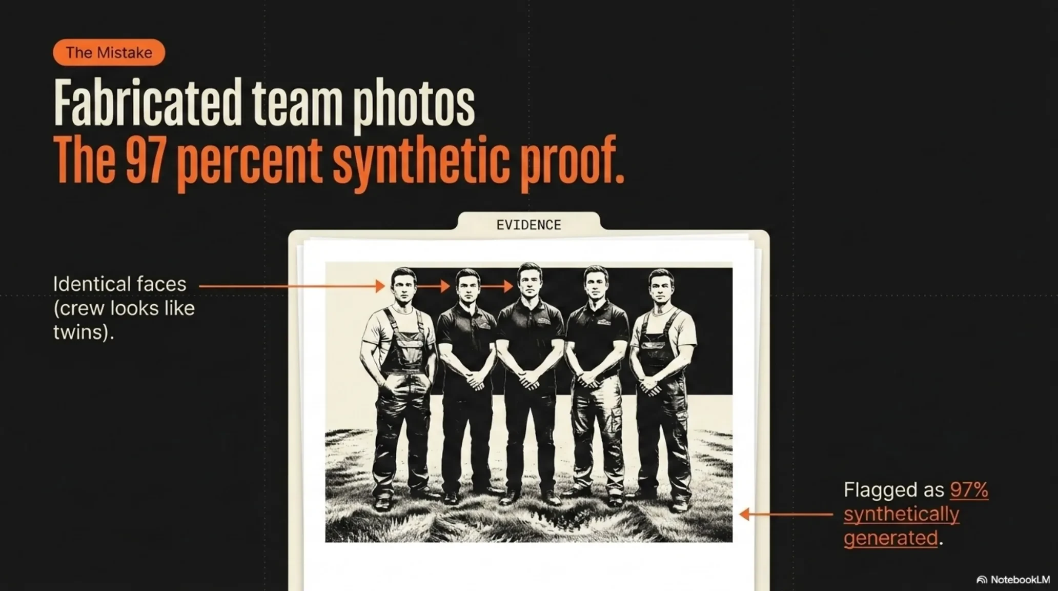Fabricated team photos give themselves away: identical twin-like faces in the crew shot and a headshot flagged 97 percent synthetic.