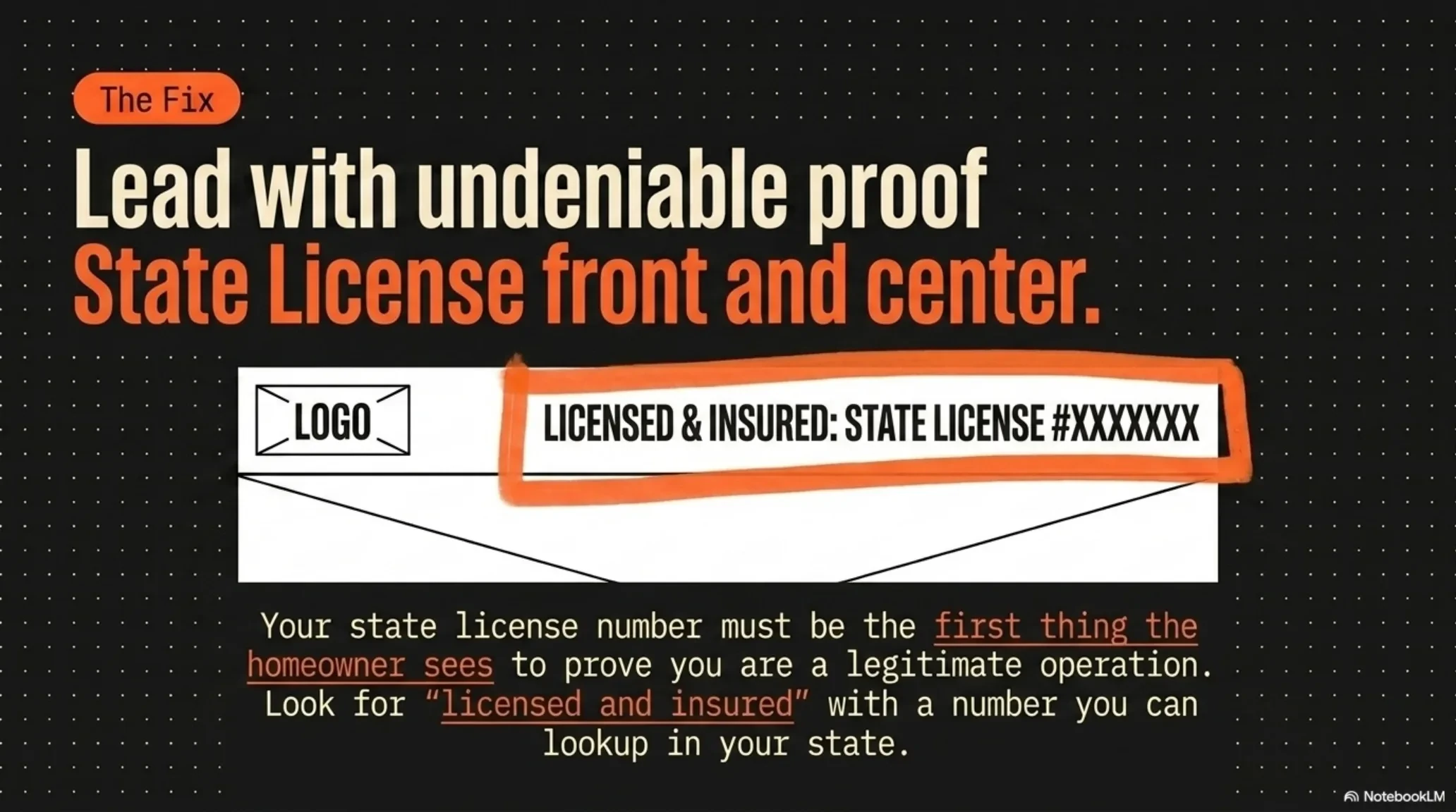 Lead with undeniable proof: a contractor license number front and center on the website, verifiable with the state.
