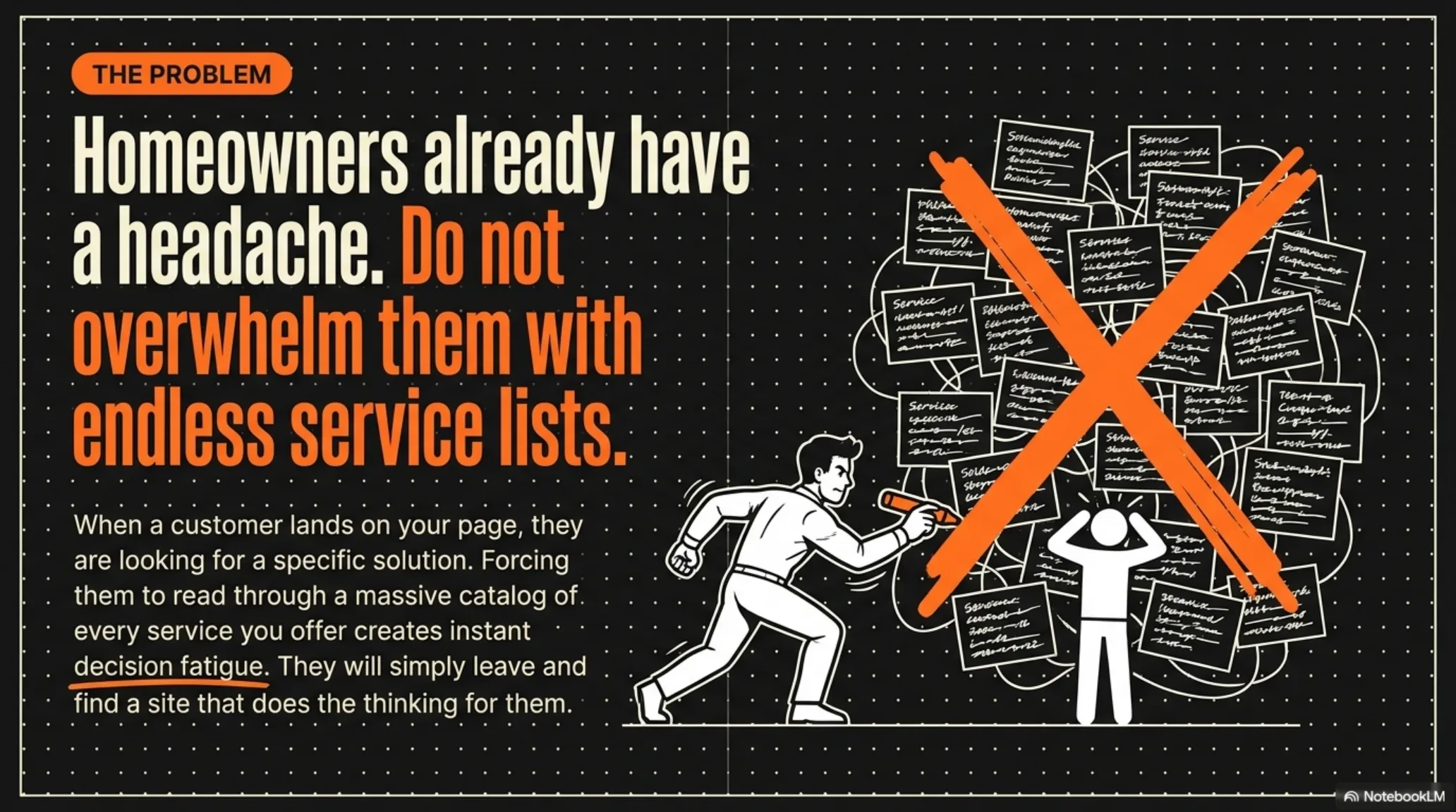 Do not overwhelm homeowners with endless service lists; decision fatigue makes visitors leave, so give each service one clear door.