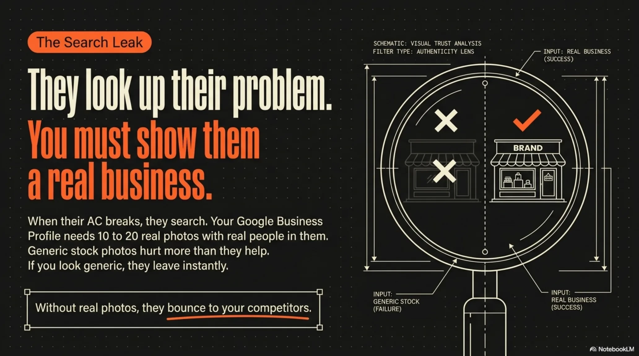 They look up their problem, so show them a real business: 10 to 20 real photos on your Google profile beat generic stock every time.