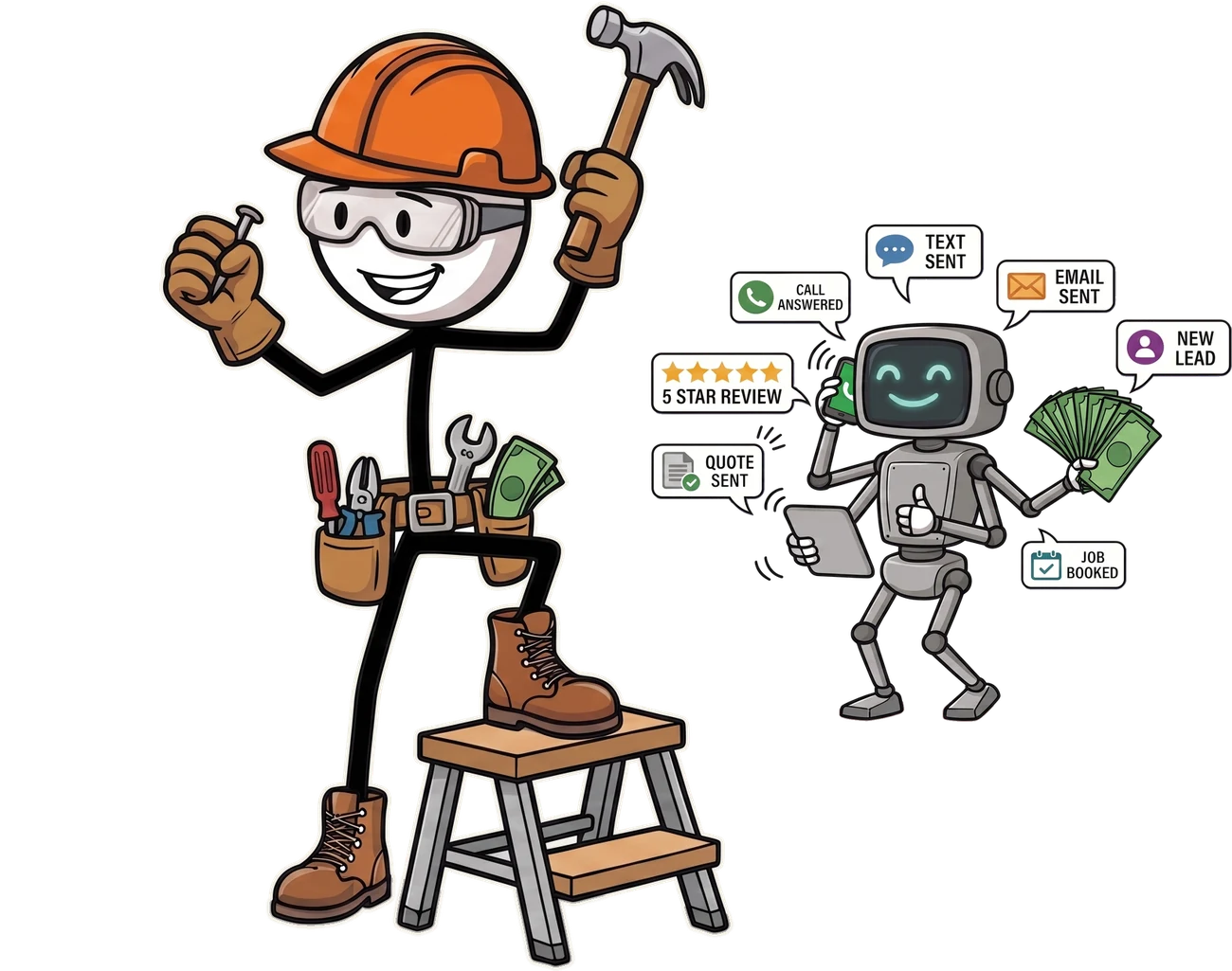 A home service contractor swinging a hammer with cash in his tool belt, beside an assistant answering the phone, texting customers back, sending quotes, booking jobs and collecting five-star reviews.