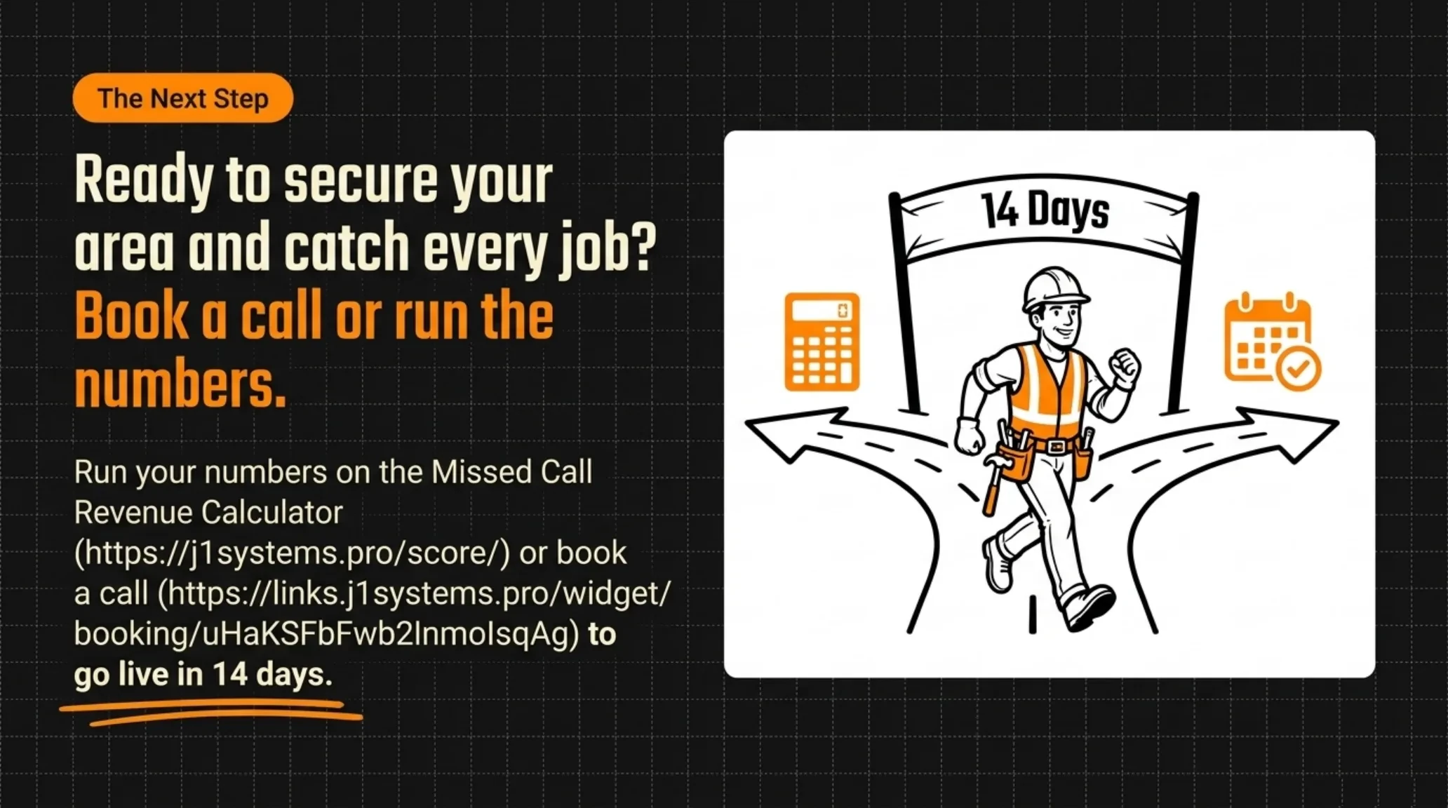 A contractor at a fork in the road between running the numbers on the missed call calculator and booking a call to go live in 14 days.