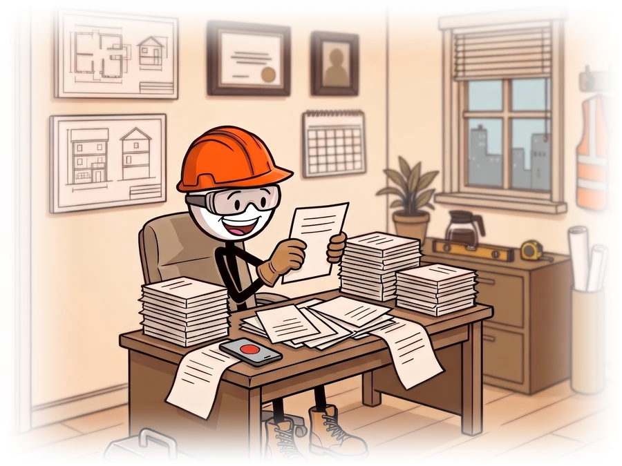 A contractor at a desk buried in paperwork, grinning at the one sheet that finally shows him where the work is walking out the door