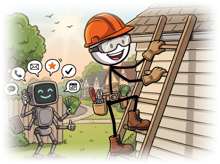 A contractor climbing a ladder to go work on a roof while the system behind him answers the calls, books the jobs and asks for the reviews