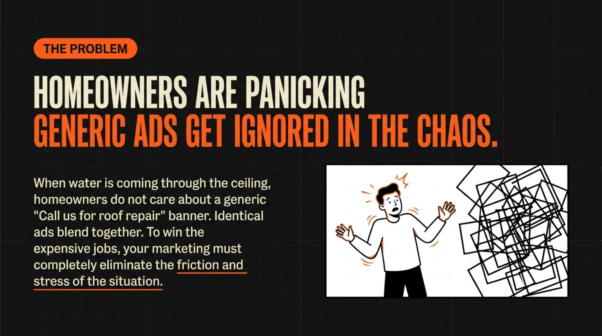 Slide showing a panicked homeowner surrounded by identical roofing ads, making the point that generic ads get ignored in the storm chaos.