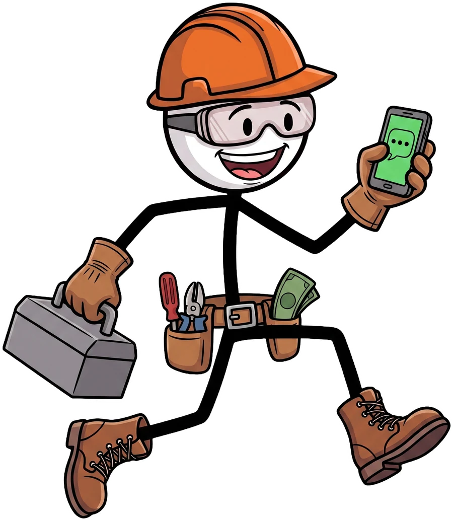 A home service contractor running to his next job, reading the message the system just sent for him